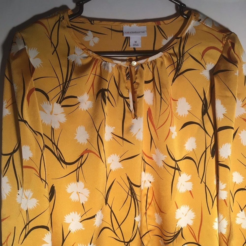 LIZ Claiborne blouse dandelion print top yellow black white loose fit Size Med - Picture 4 of 9